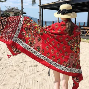 Large red ethnic print beach scarf shawl for women, summer lightweight sunscreen sarong.