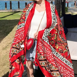 Ethnic style large silk scarf shawl for women, perfect for summer beach travel sun protection.