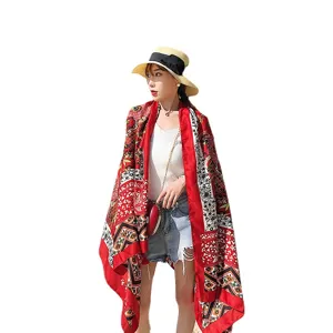 Ethnic style large scarf shawl imitation silk beach towel women summer sun protection wrap
