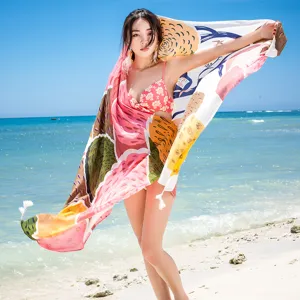 Detail view of the bohemian style women's printed scarf shawl, perfect for summer beach travel.