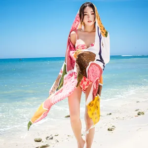 Detail view of the bohemian style cotton linen scarf shawl with vibrant artistic print.