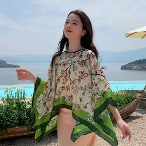 Women imitation silk floral print pullover shawl summer sun protection loose top