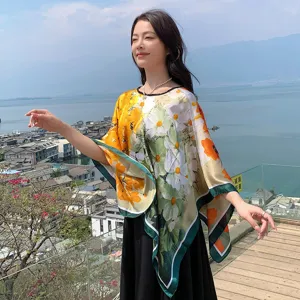 2024 new imitation silk pullover sun protection shawl scarf, loose floral design for summer outdoor.