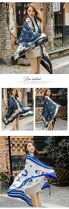 Detailed view of women fashion printed scarf showcasing nautical and chain patterns in blue white.