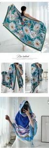 Women large floral silk scarf beach shawl summer sun protection wrap elegant fashion