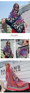 Bohemian floral geometric print scarf shawl detail, colorful lightweight summer fashion accessory.
