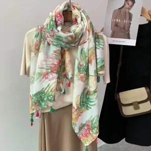 Spring Summer Women Floral Print Scarf Elegant Lightweight Cotton Linen Feel Long Shawl Travel Sun Protection Beach Stole