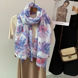 Spring summer floral print scarf lightweight elegant women shawl versatile beach sunscreen wrap