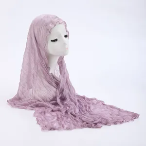 Details of the purple crinkled lightweight headscarf for women spring summer shawl wrap.