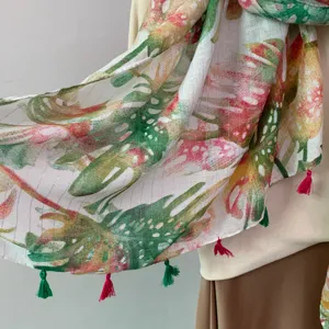 Spring summer tropical leaf print scarf elegant lightweight tassel shawl for women daily wear