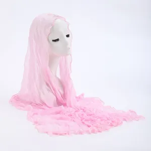 Pink lace headscarf detail view, lightweight summer sunscreen shawl and long veil for women.