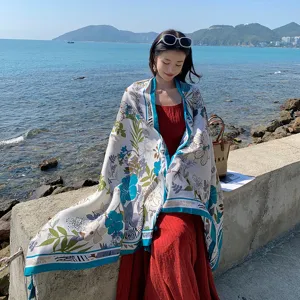 Stampa floreale spiaggia sciarpa scialle donna estate protezione solare blu verde.