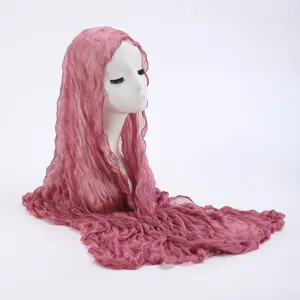 Crinkled chiffon scarf detail, lightweight pink sun protection hijab wrap for women spring.