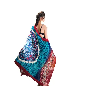 Ethnic floral mandala print cotton linen shawl for women bohemian beach sun protection scarf