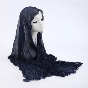 Dark blue crinkled sheer headscarf detail view, lightweight summer sun protection gauze fabric.