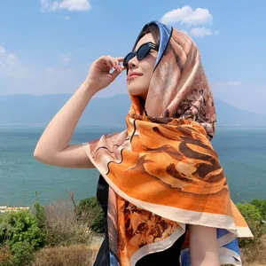 Women large square scarf 130cm floral silk feel shawl fashion versatile neckerchief outdoor