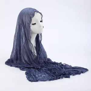 Dark blue crinkled sheer women scarf shawl for spring summer daily wear and outdoor.