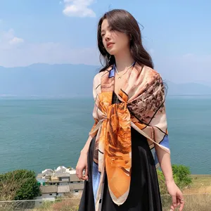 Stylish abstract art printed square scarf for women, elegant beach shawl and wrap.