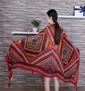 Ethnic style printed tassel scarf shawl for women, perfect for travel, beach and sun protection.