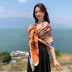 Detail view of the 130cm floral square scarf, stylish shawl and versatile neckerchief for women.