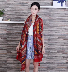 Ethnic style red print tassel scarf shawl detail view, perfect for travel and daily sun protection.