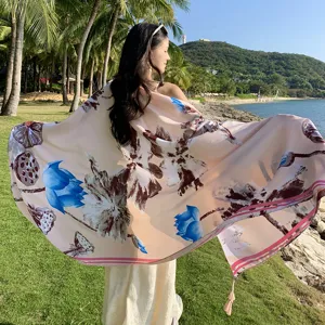 Donna stampa floreale sciarpa da spiaggia vacanze protezione solare cotone lino elegante nuova