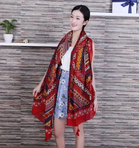 Ethnic style printed cotton linen scarf and shawl with tassels for women, perfect for summer.