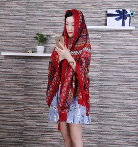 Ethnic style women scarf tassel print cotton linen shawl summer beach sunshade travel photo