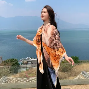 Floral large square scarf women shawl versatile lightweight elegant outdoor neckerchief 130cm