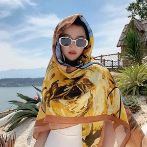 Floral print large square scarf detail, versatile travel shawl and neckerchief for stylish women.