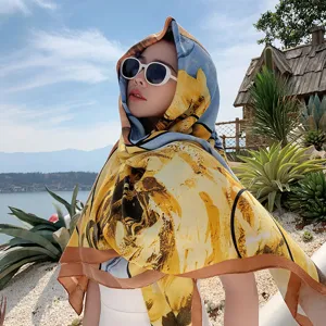 Women large square scarf floral vintage beach shawl versatile neckerchief stylish head wrap.