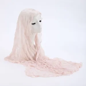 Women lightweight pink crinkled lace scarf hijab summer sun protection shawl long veil.