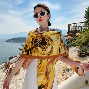 Women large square scarf artistic floral print versatile beach shawl fashion elegant neckerchief