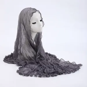 Grey crinkled sheer shawl hijab lightweight summer sun protection gauze scarf detail.