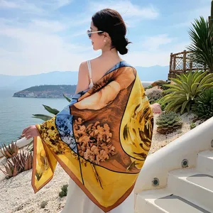 Women large floral square scarf elegant seaside beach shawl versatile neckerchief accessory.