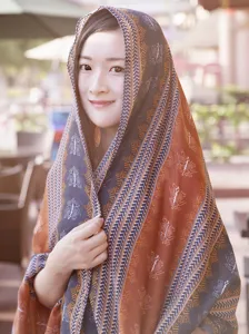 Ethnic style cotton linen printed scarf shawl detail view, perfect for travel photos and daily wear.