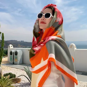 Elegant floral print large square scarf, versatile silk feel shawl for women and students.