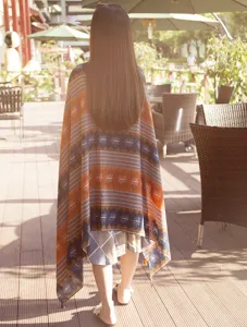 Ethnic style printed tassel shawl scarf detail view for women outdoor travel beach sunscreen.