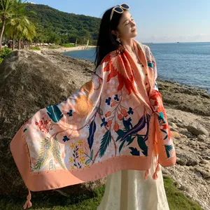 Donne Estate Sciarpa di Protezione Solare Stampa Floreale Nappe Scialle Lungo Leggero Sciarpa Versatile per Vacanze al Mare Poliestere