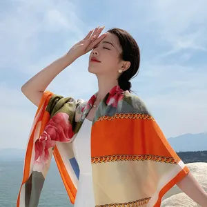 Stylish floral chain print square scarf for women, elegant fashion shawl and neck wrap.