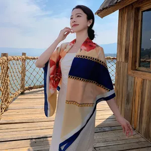 Elegant floral and chain print large square scarf, versatile women shawl for daily wear.