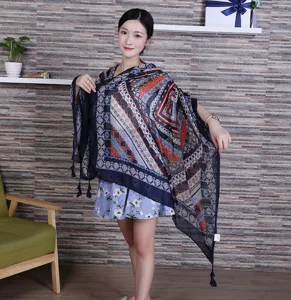 Ethnic style printed tassel scarf shawl for women, perfect for travel and daily wear.