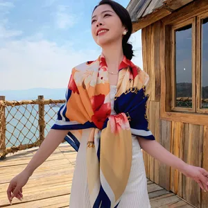 Detailed view of a vibrant floral and chain print square scarf worn outdoors, soft fabric.