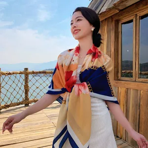 Floral large square scarf, elegant floral and chain print versatile women fashion shawl.