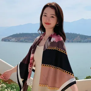 Floral chain print large square scarf, stylish dual-use shawl and neck scarf for women.