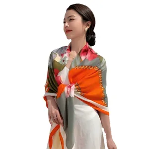 Women large floral print square scarf versatile shawl neckerchief for daily wear and office.