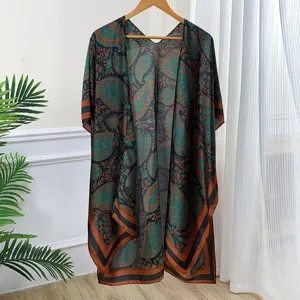 Women's spring summer paisley print silk shawl cardigan kimono sun protection beach cover up