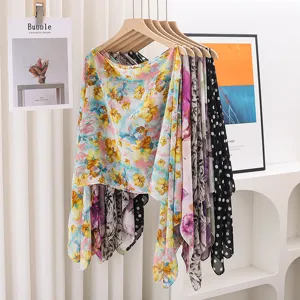 Floral and polka dot sun protection cape scarf, lightweight fashion summer beach outerwear apparel.
