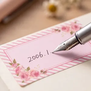 Detail shot of a pink floral sticker label with a fountain pen writing, perfect for journaling.