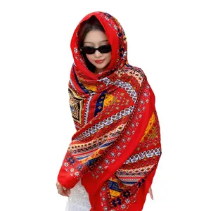 Bohemian ethnic style red printed women scarf shawl for summer travel sun protection